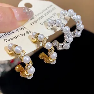 18K Gold Plated 925 Sterling Silver Post Artificial Pearl Rhinestone C-Shape Stud Earrings French Style Jewelry Gift
