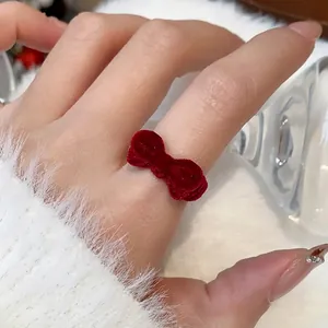 Vintage Rote Beflockte Schleife Offener Ring Für Damen Eleganter Herbst Winter Ästhetik Legierung Zeigefinger Ring Schmuck Geschenk