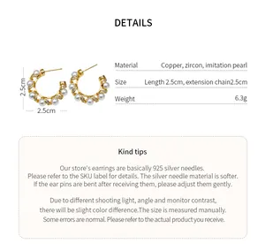 Detailed specifications of 18k gold plated C-shaped hoop earrings with pearls and zircons