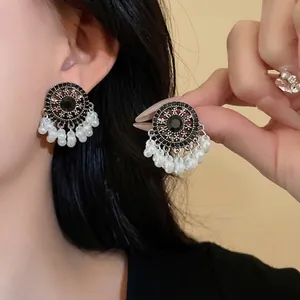 Vintage Ethnic Heavy Craftsmanship Stud Earrings With Silver Earring Post Alloy Rhinestone Artificial Pearl Tassel For Women