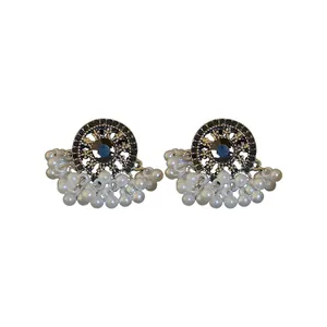 Vintage ethnic style silver needle earrings with faux pearl tassels and rhinestones