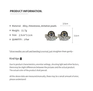 Product specifications and size chart for ethnic rhinestone pearl tassel earrings.