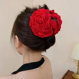 Elegant large red fabric rose flower hair claw clip for women's bun hair styling