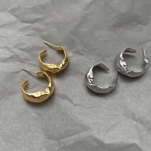 Vintage Irregular Lava Texture Hoop Earrings For Women Alloy Minimalist Gold Silver Plated Geometric Jewelry Gift With Silver Post