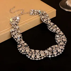 Copper Rhinestone Twisted Geometric Necklace For Women Sparkly Chunky Chain Choker Elegant Party Wedding Fashion Jewelry Gift