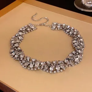 Elegant twisted geometric rhinestone choker necklace in polished silver finish for women