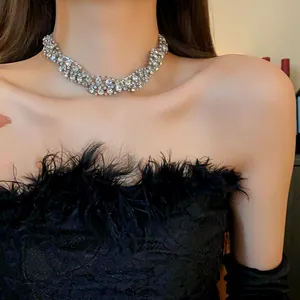 Close-up of a sparkling rhinestone twisted braid necklace worn with a black feather dress.