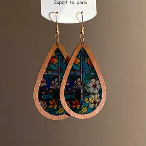 Bohemian teardrop wooden earrings with vintage stained glass style floral pattern