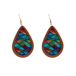 Bohemian teardrop wooden earrings with colorful mosaic patterns and gold ear hooks