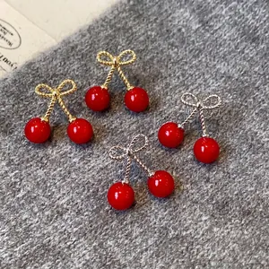 Red Cherry Bowknot Drop Earrings With 925 Sterling Silver Earring Post Fashion Sweet Fruit Earrings For Women Jewelry Gift