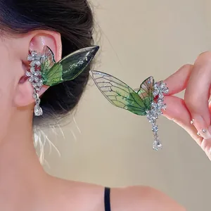 New Chinese Style Wing Flower Ear Cuff Elegant Green Fairy Wing Shiny Rhinestone Alloy Earrings For Women Fashion Jewelry