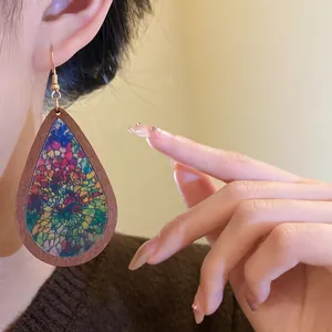 Detail view of bohemian teardrop earrings featuring vibrant prints and wooden frames