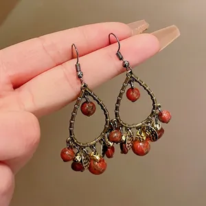Retro Teardrop Tassel Drop Earrings For Women New Chinese Style Antique Gold Alloy Natural Stone Jewelry 925 Silver Post
