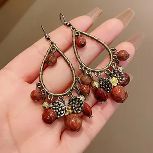 Vintage antique bronze waterdrop tassel earrings with reddish brown beads