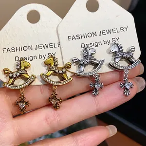 Vintage Rocking Horse Cross Stud Earrings With 925 Sterling Silver Post Heart Zirconia Inlaid Copper Retro Jewelry For Women
