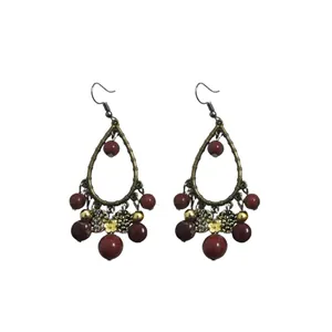 Retro teardrop dangle earrings with red beads and bronze metal finish