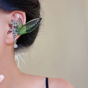 Elegant green wing flower ear cuff with sparkling rhinestones for women