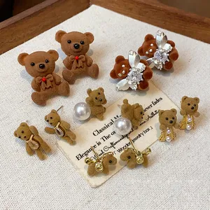18K Gold Plated Flocked Bear Stud Earrings With 925 Sterling Silver Post Zirconia Artificial Pearl Jewelry For Women