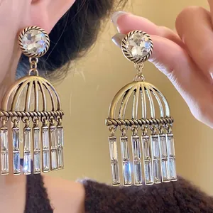 Vintage Alloy Hollow Round Rhinestone Tassel Earrings For Women Elegant Luxury Jewelry Gift With Silver Earring Post