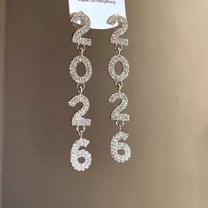 Sparkling 2026 number drop earrings with rhinestones and silver needles for women