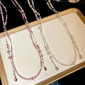 Double Layer Artificial Pearl Beaded Necklace With Teardrop Rhinestone Pendant Vintage Fashion Clavicle Chain For Women Banquet Jewelry