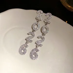 Luxury silver plated 2026 number tassel earrings with sparkling rhinestones for women