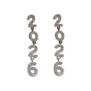 Elegant silver needle drop earrings featuring rhinestone encrusted 2026 number tassels
