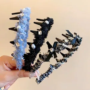 Close-up of three elegant pearl and crystal headbands with non-slip teeth for women.