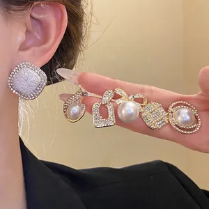 French Vintage Rhinestone Artificial Pearl Stud Earrings Set With Silver Earring Post Elegant Geometric Bowknot Earrings For Women