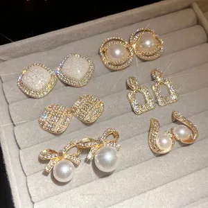 French vintage silver needle pearl earrings set with rhinestone geometric designs