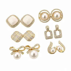 Elegant vintage French style gold-plated earring set with pearls and rhinestones for women