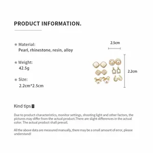 Detailed product specifications showing pearl and rhinestone earrings with size and weight