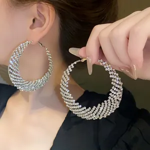 Pendientes de aro luna con diamantes de imitación para mujer, diseño geométrico brillante