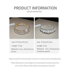 Scheda tecnica per eleganti bracciali aperti multistrato con perle e strass chic