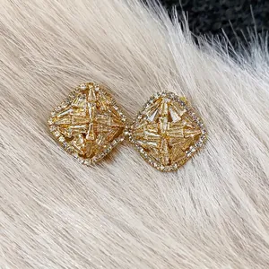 French Style Rhombus Zirconia Stud Clip Earrings With 925 Sterling Silver Earring Post Gold Plated Copper Jewelry For Women