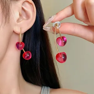 Sweet pink cherry resin drop earrings with silver needles for women