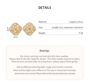 Detailed view of gold rhombus zircon earrings with product dimensions and specs.
