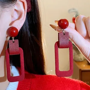 European Vintage New Year Red Geometric Rectangle Drop Earrings With 925 Sterling Silver Earring Post For Women Fashion Jewelry