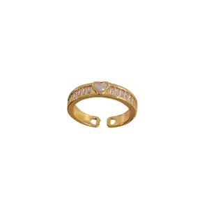 Elegant gold open ring with heart-shaped stone and zircon inlay, adjustable size.
