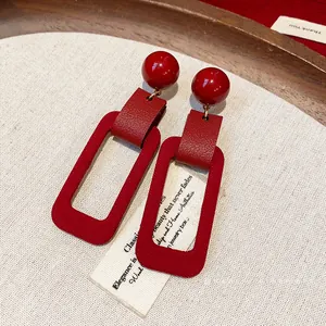 Elegant vintage red rectangular drop earrings with round stud for holiday season fashion