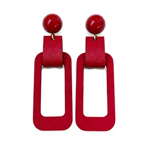 Retro red rectangular leather textured drop earrings with glossy red ball stud tops