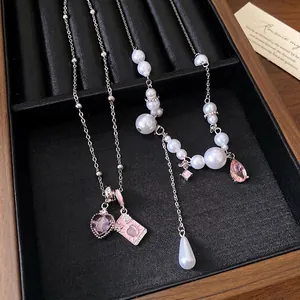 Women's Light Luxury Alloy Artificial Pearl Necklace Elegant Pink Rhinestone Water Drop Pendant Tassel Clavicle Chain Jewelry