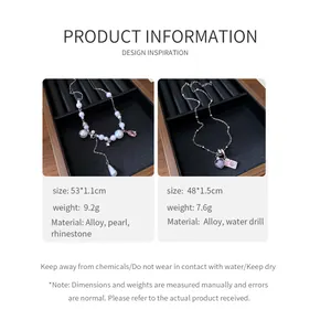 Detailed specifications of pearl and rhinestone tassel necklaces in silver finish