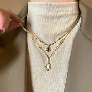 French Retro Bamboo Joint Oval Pendant Necklace Gold Plated Copper Alloy Clavicle Chain Sweater Necklace For Women Jewelry
