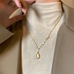French vintage gold bamboo oval pendant necklace for women's stylish layering jewelry