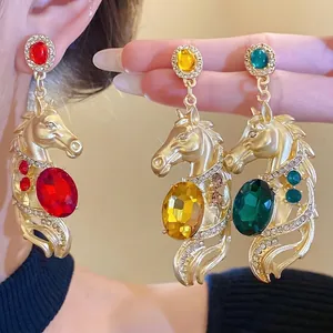 Vintage Alloy Horse Head Dangle Earrings For Women Gold Plated Rhinestone Retro Jewelry Gift With 925 Silver Post