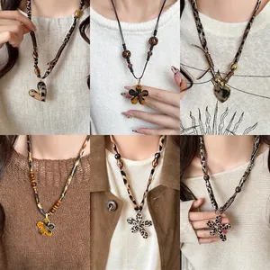 Vintage Maillard Style Heart Pendant Necklace Leopard Print Fabric Cord Wood Beads Bohemian Jewelry For Women