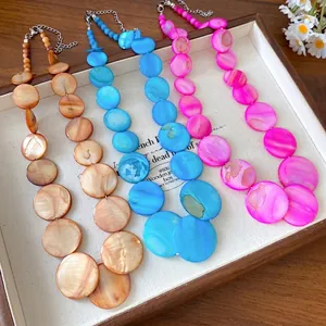 Bohemian irregular round colorful shell necklace for beach vacation style fashion jewelry