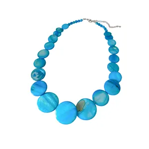 Bohemian blue irregular round shell bead necklace for beach vacation outfits