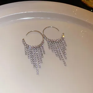 Elegant silver-toned fringe hoop earrings with sparkling dangling rhinestones on white plate